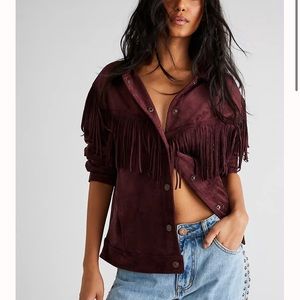 Free People Cosmic Karma Fringe Vegan Suede Jacket Western Mulberry Fall NWT